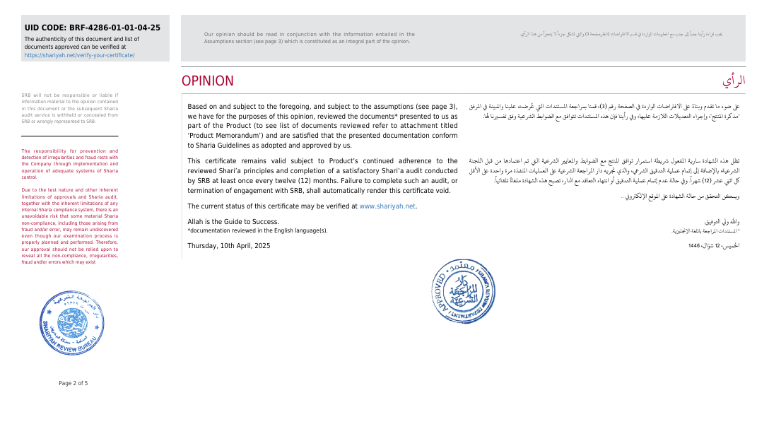 Page 2 — Opinion on Shariah Compliance