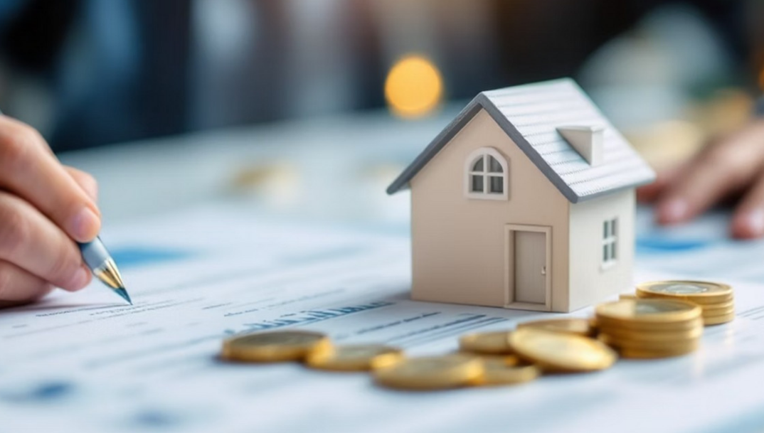 Model home alongside financial documents and coins representing co-ownership
