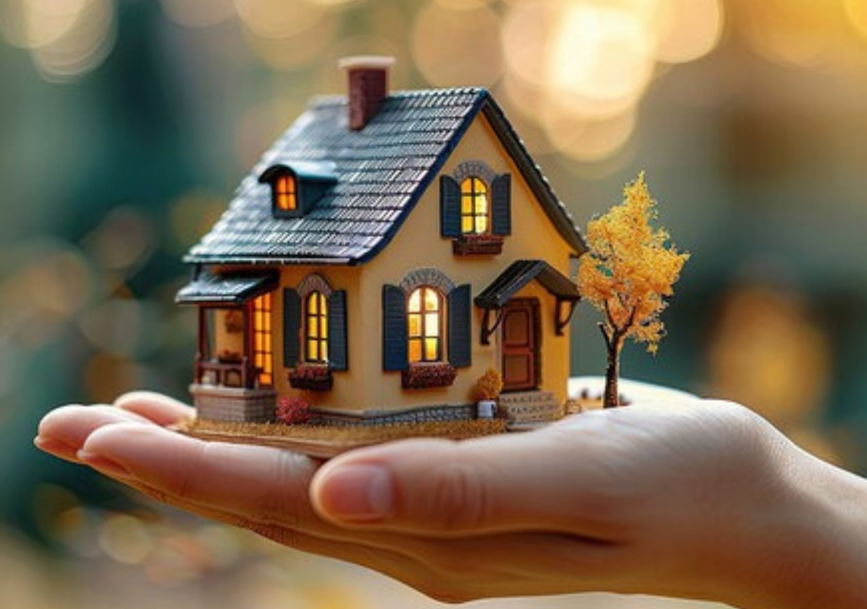 Small home held in a hand symbolizing ownership